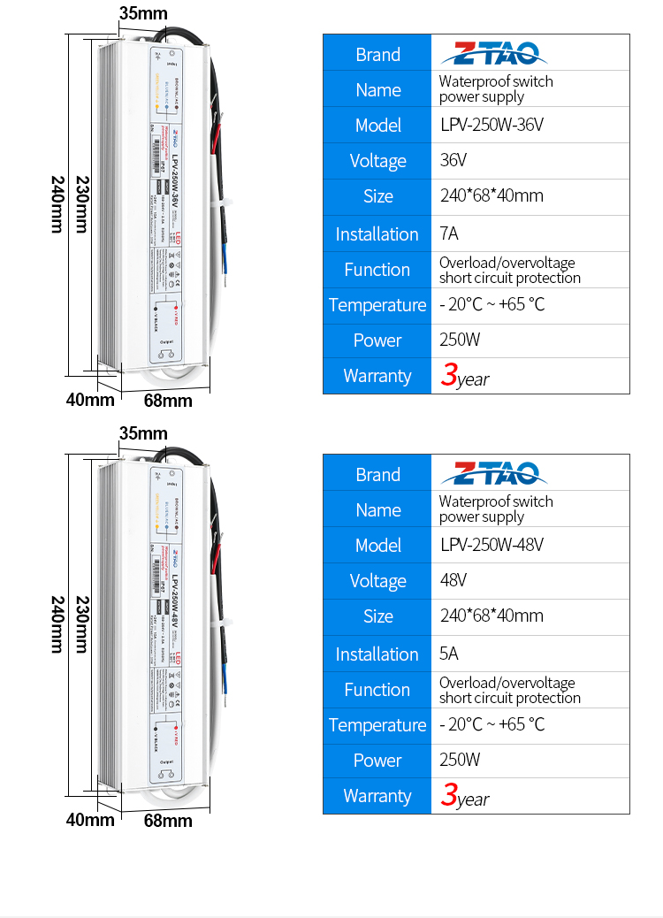 ZTAO 12v 250w Waterproof Switching Power for led lights 220V AC to DC Transforme