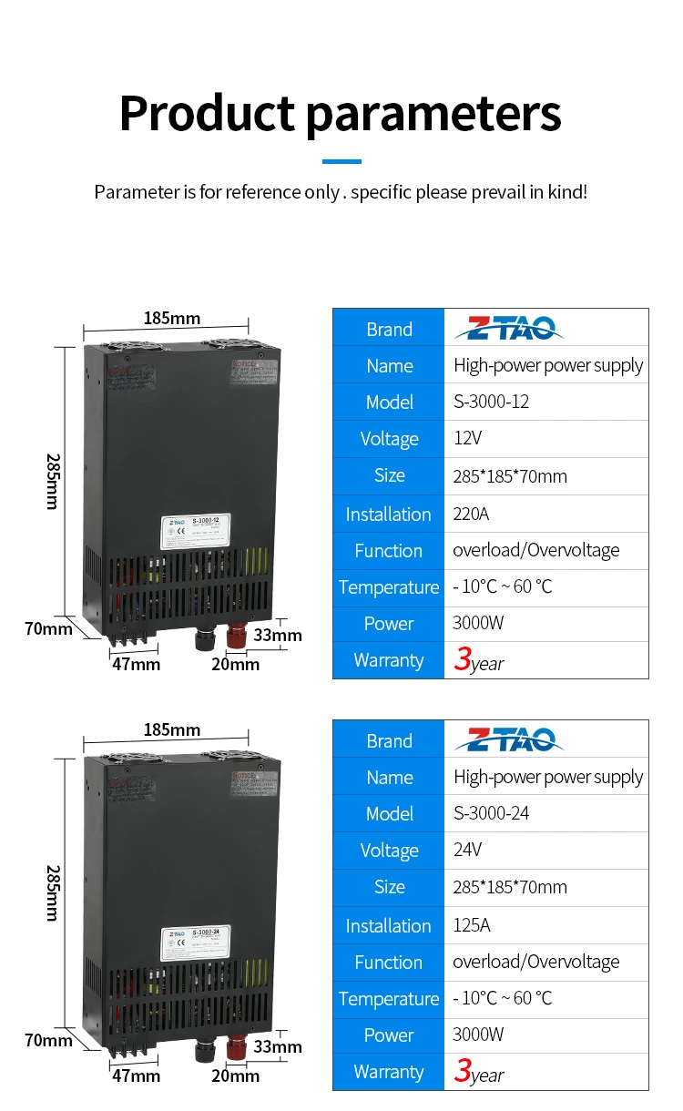 High-power High Voltage Ac Dc Smps 3000w S-3000-12 12v 250A  24V 48V Switching Mode Power Supply