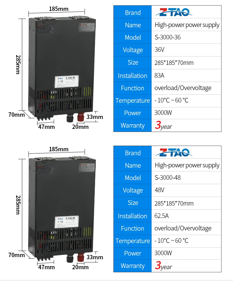 High-power High Voltage Ac Dc Smps 3000w S-3000-12 12v 250A  24V 48V Switching Mode Power Supply