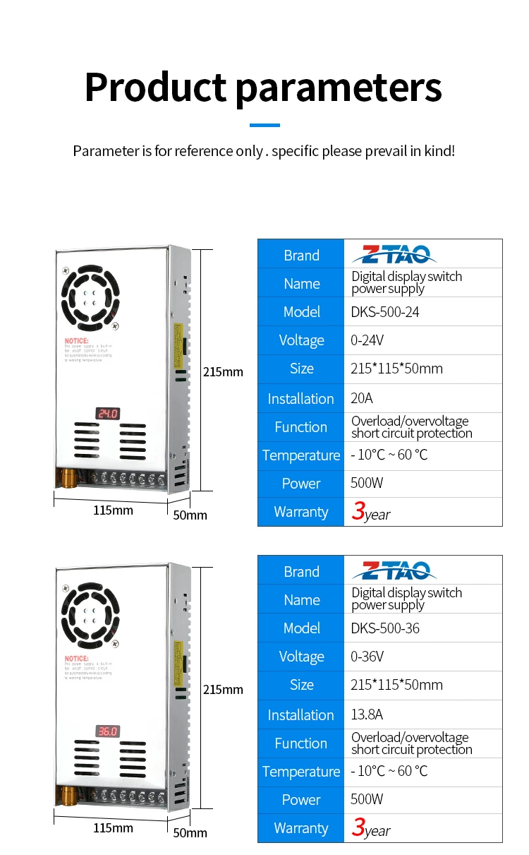 DKS-500-24 Digital Display Adjustable 24v 20A 500W 12V 48V  Industrial Switching Power Supply