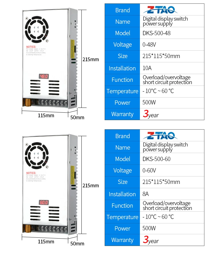 DKS-500-24 Digital Display Adjustable 24v 20A 500W 12V 48V  Industrial Switching Power Supply