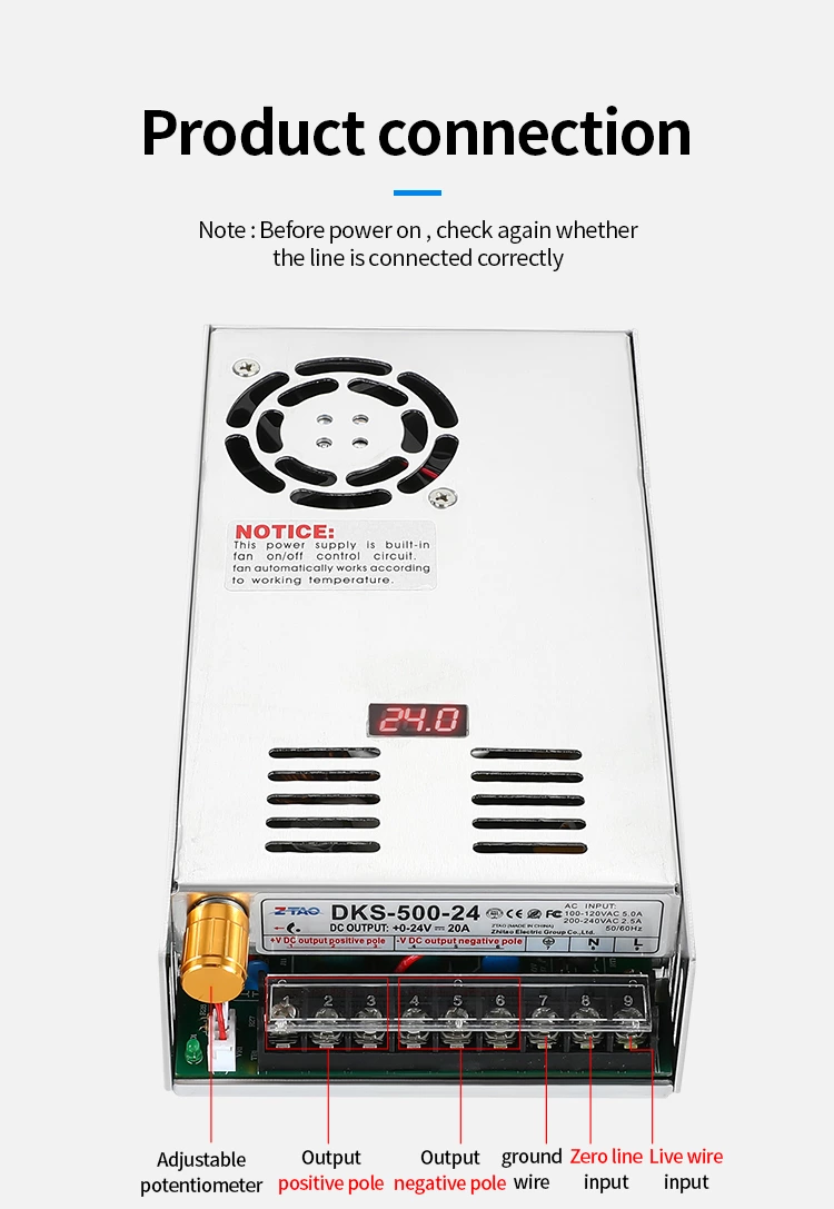 DKS-500-24 Digital Display Adjustable 24v 20A 500W 12V 48V  Industrial Switching Power Supply