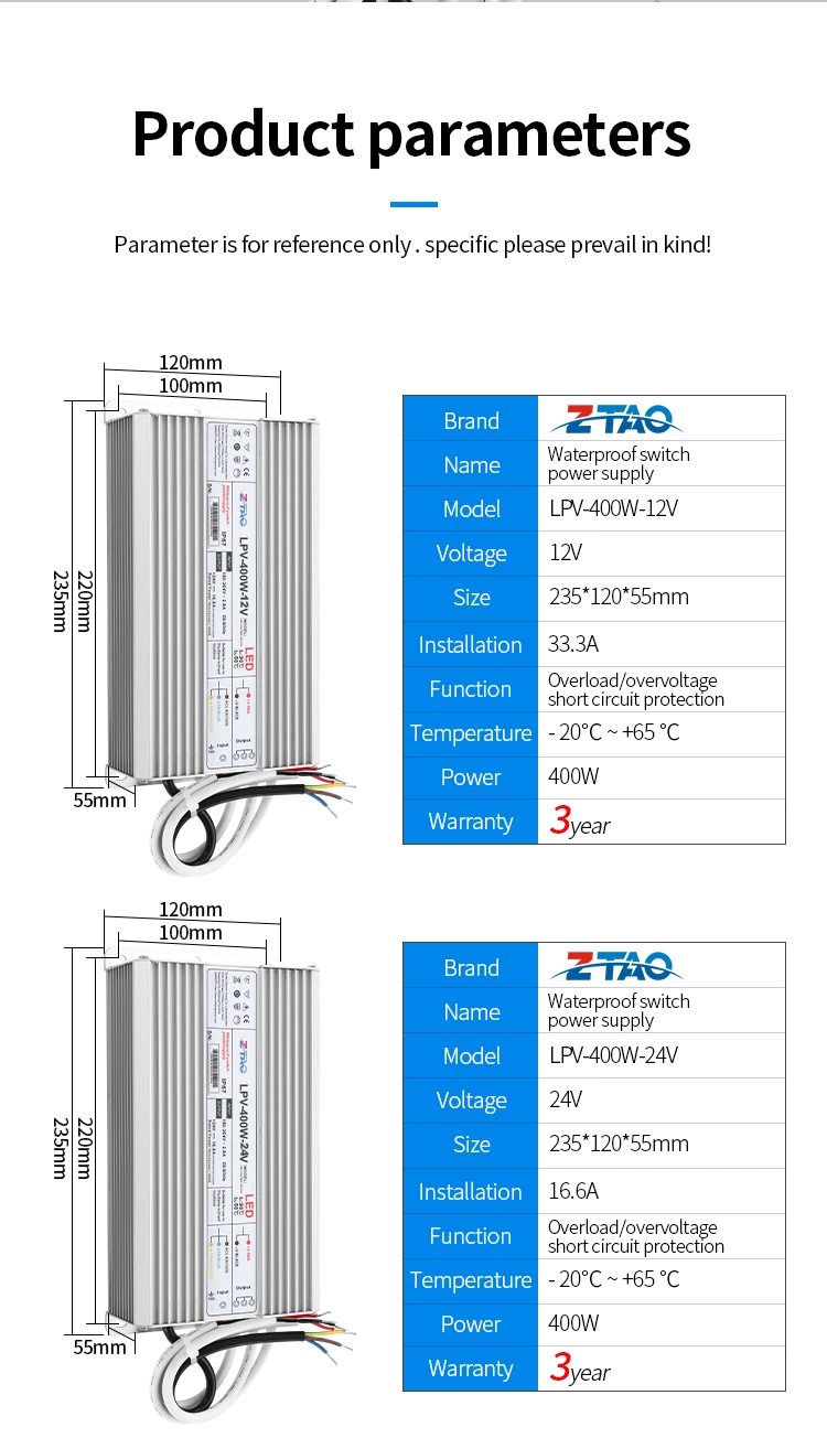 waterproof led power supply 12v 500W 400W 300w 200w ip67 led driver for outdoor led lighting