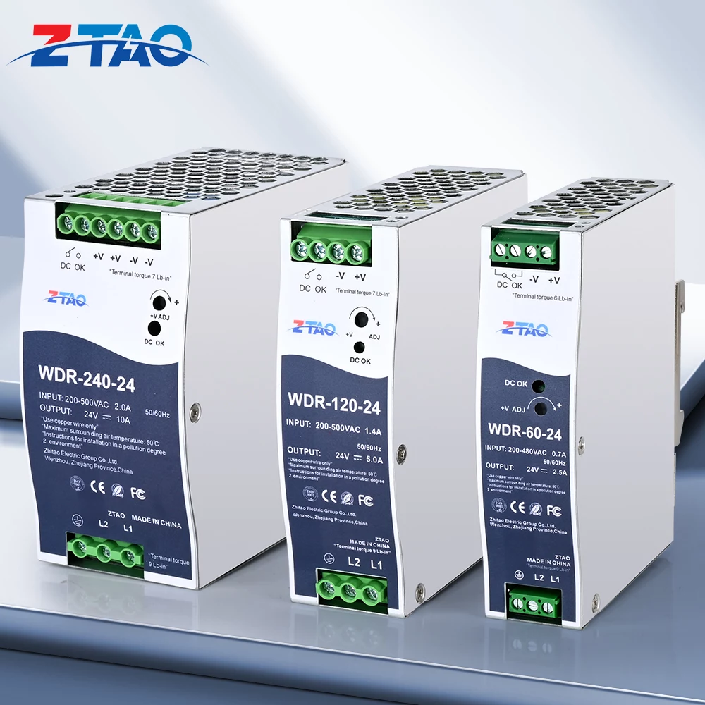 WDR-60-24 WDR-120-24 WDR-240-24 12V 24V 2.5A 5A 10A Industrial Din Rail Switching Power Supply 200~500VAC Input Din Rail Model