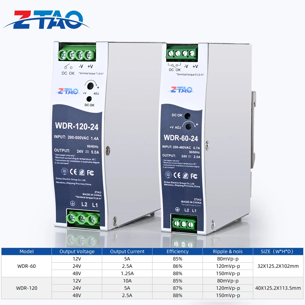 WDR-60-24 WDR-120-24 WDR-240-24 12V 24V 2.5A 5A 10A Industrial Din Rail Switching Power Supply 200~500VAC Input Din Rail Model