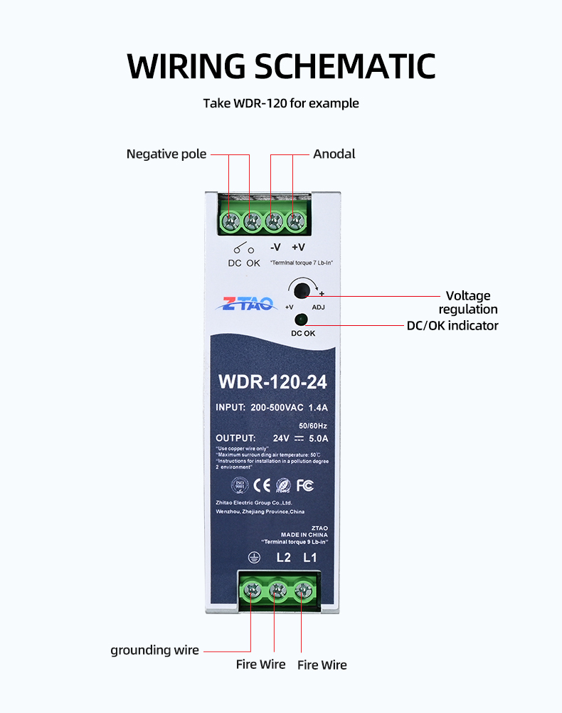 WDR-60-24 WDR-120-24 WDR-240-24 12V 24V 2.5A 5A 10A Industrial Din Rail Switching Power Supply 200~500VAC Input Din Rail Model