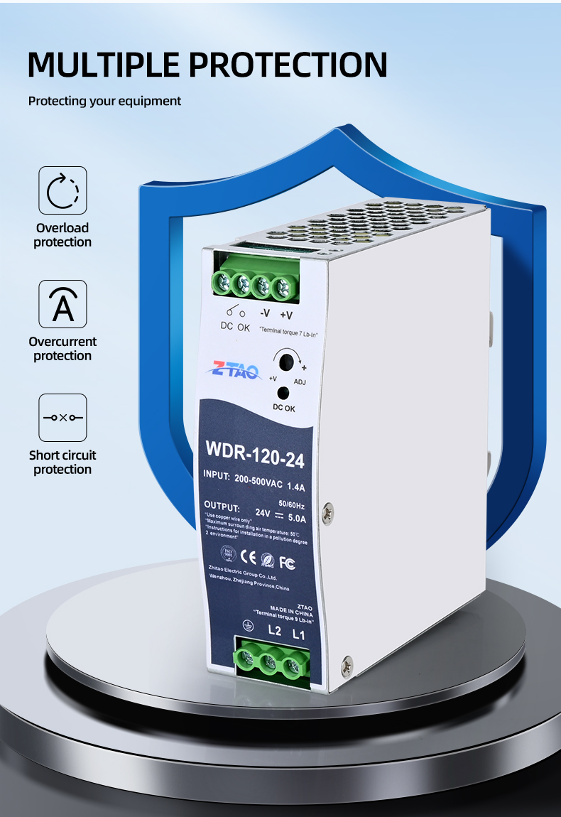 WDR-60-24 WDR-120-24 WDR-240-24 12V 24V 2.5A 5A 10A Industrial Din Rail Switching Power Supply 200~500VAC Input Din Rail Model