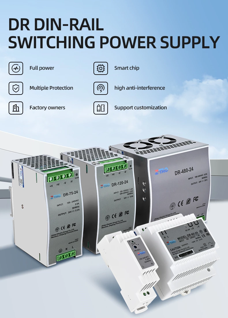 DR Series DIN Rail Power Supply 15W 60W 75W 100W 120W 240W 480W Ac to Dc Switching Power Supply 5V 12V 24V 48V