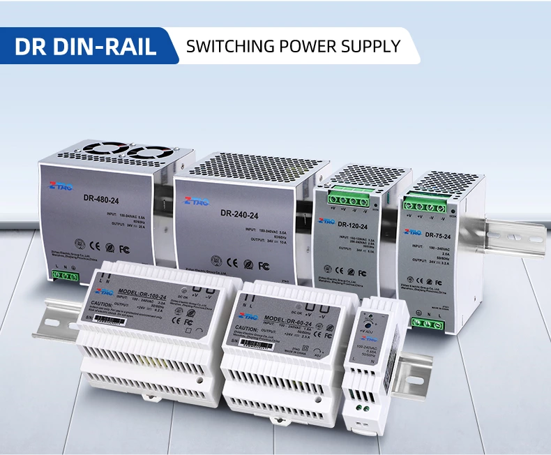 DR Series DIN Rail Power Supply 15W 60W 75W 100W 120W 240W 480W Ac to Dc Switching Power Supply 5V 12V 24V 48V