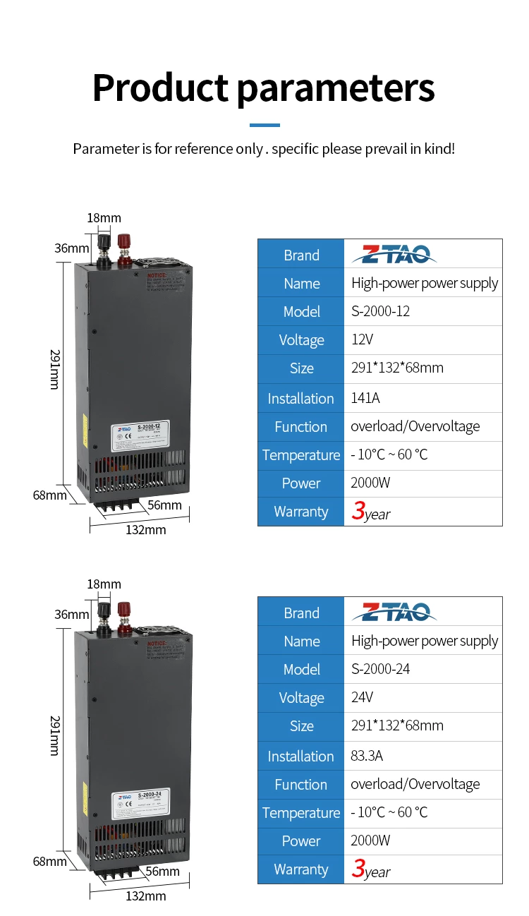 2000w 24v 83A Switching Power Supply Output Voltage and Current Adjustable Smps with LED Digital Display Psu S-2000-24