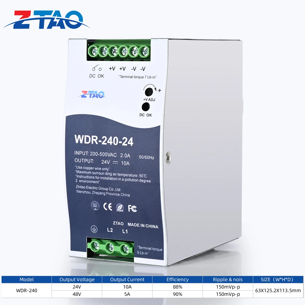 WDR-60-24 WDR-120-24 WDR-240-24 12V 24V 2.5A 5A 10A Industrial Din Rail Switching Power Supply 200~500VAC Input Din Rail Model