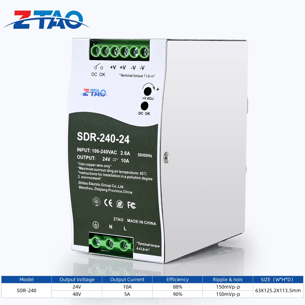 SDR Series SDR-75W SDR-120W SDR-240W AC-DC Single Output with PFC Function Industrial DIN Rail Switching Power Supply