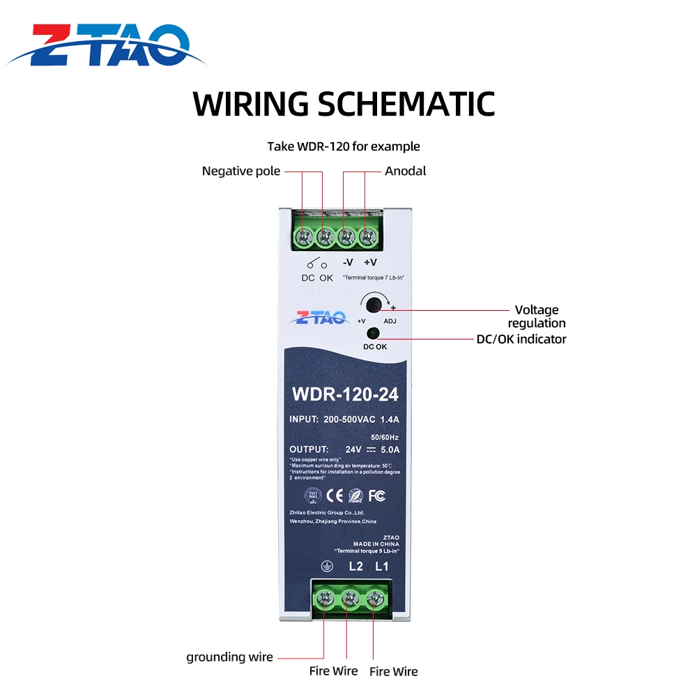 WDR-60-24 WDR-120-24 WDR-240-24 12V 24V 2.5A 5A 10A Industrial Din Rail Switching Power Supply 200~500VAC Input Din Rail Model