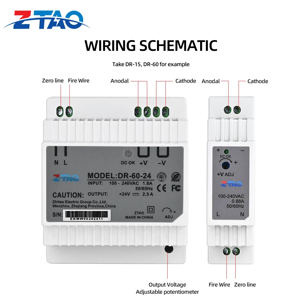 DR Series DIN Rail Power Supply 15W 60W 75W 100W 120W 240W 480W Ac to Dc Switching Power Supply 5V 12V 24V 48V