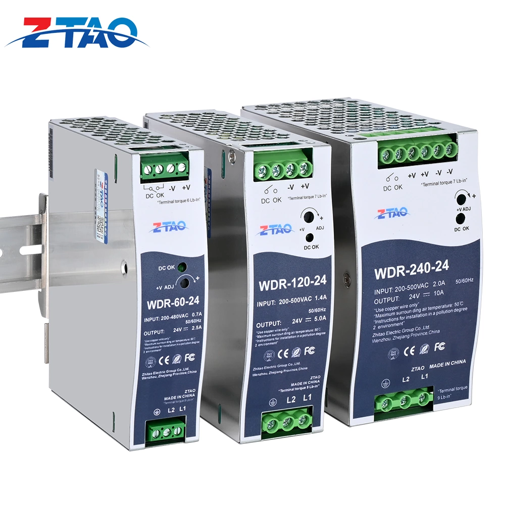 WDR-60-24 WDR-120-24 WDR-240-24 12V 24V 2.5A 5A 10A Industrial Din Rail Switching Power Supply 200~500VAC Input Din Rail Model